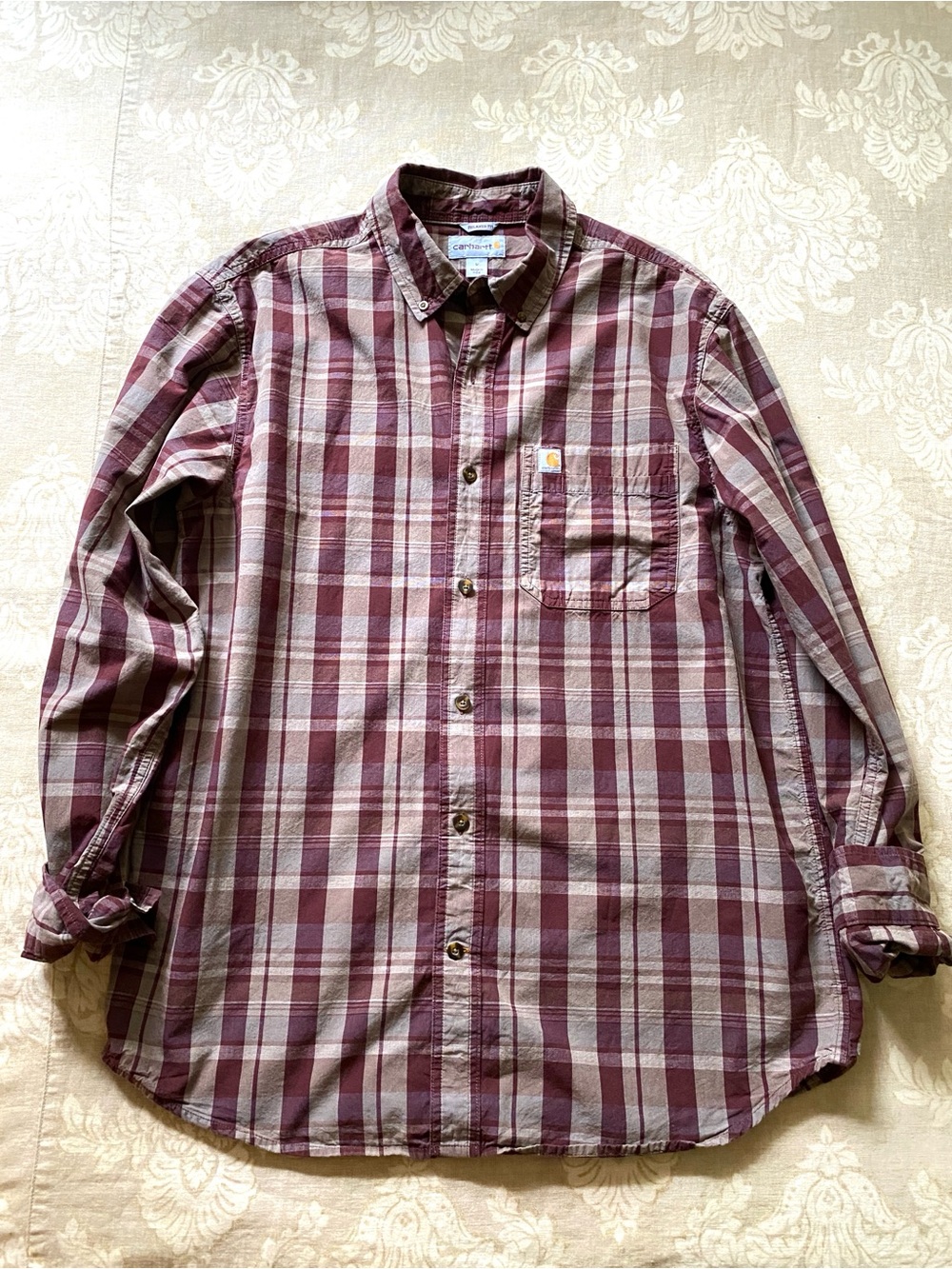 Carhartt Relaxed Fit Red Tan Plaid Button Down Long Sleeve Shirt Men’s Size L